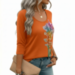 Women's breathable cotton 3/4 sleeve shirt with colorful watercolor tree graphic design and "VALE" text, available in black, orange, and cream.