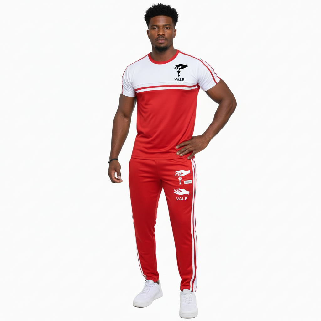 Man wearing VALE brand two-tone cotton tracksuit set in orange, red, and green with white accents and "key in hand" logo.
