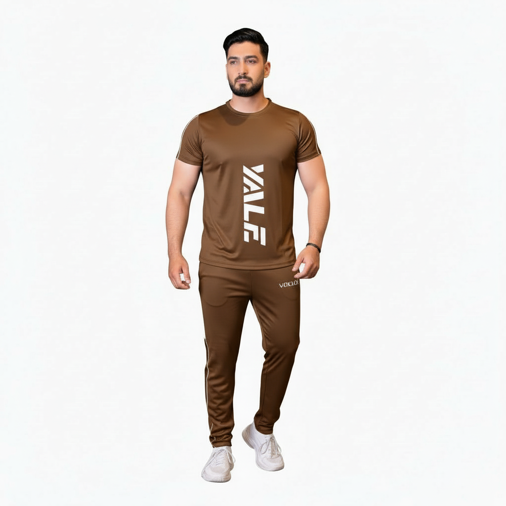 VALE Men’s Athletic Performance Set – Breathable Cotton T-Shirt & Joggers Activewear Set Full-body view of a man wearing the VALE brand breathable cotton activewear set, featuring a vertical logo t-shirt and matching side-striped joggers on a white background.