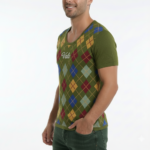 Man wearing Vale brand argyle pattern cotton t-shirt in black, blue, and green colors.