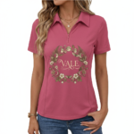Women's quarter-zip cotton polo shirt featuring a VALE celestial moon and moth botanical wreath design in Forest Green, Black, and Rose.