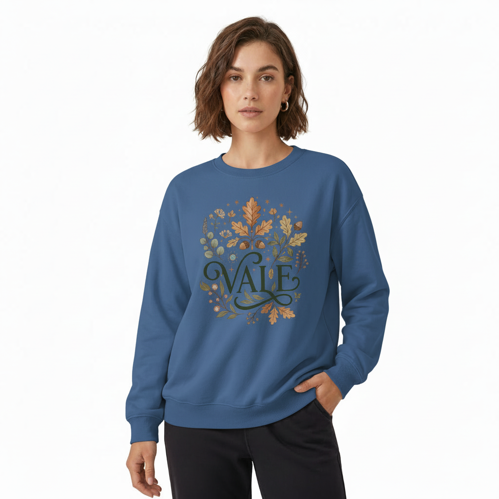 Woman wearing a VALE graphic cotton sweatshirt with autumn leaf botanical design, available in Beige, Slate Blue, and Burnt Orange.
