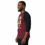 Men's 3/4 sleeve cotton raglan shirt with geometric compass graphic design in navy, maroon, and tan.