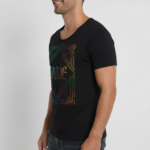 Man wearing a breathable cotton athletic fit T-shirt featuring a colorful iridescent "Vale" gothic logo and Art Deco geometric frame.