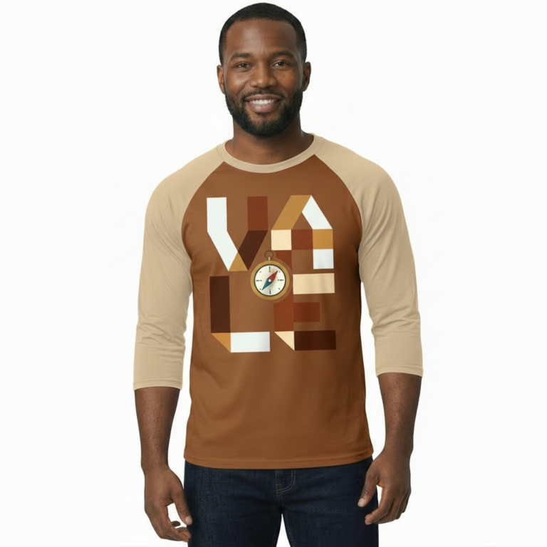 Men's 3/4 sleeve cotton raglan shirt with geometric compass graphic design in navy, maroon, and tan.