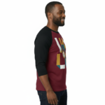 Men's 3/4 sleeve cotton raglan shirt with geometric compass graphic design in navy, maroon, and tan.