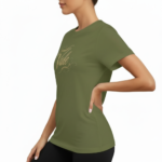 Women wearing Vale signature script t-shirt in breathable cotton, available in olive, blue, and purple colors.