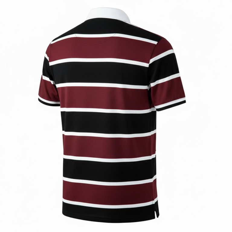 Men's breathable striped pique cotton rugby polo shirt with white contrast collar and athletic slim fit.