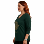Women's VALE long sleeve V-neck cotton shirt with gold mandala floral print in green, brown, and black colors.