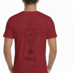 Back view of a man wearing a VALE brand 100% cotton breathable T-shirt featuring a black geometric compass and celestial line-art design.