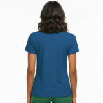 Close-up of a woman wearing a breathable pique cotton polo shirt featuring a "VALE" floral and crescent moon embroidery on the chest, available in green, blue, and orange.