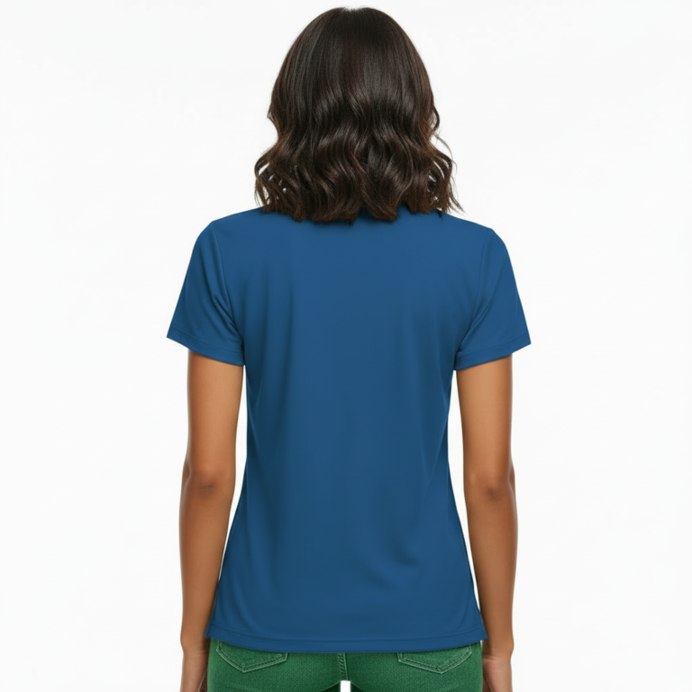 Close-up of a woman wearing a breathable pique cotton polo shirt featuring a "VALE" floral and crescent moon embroidery on the chest, available in green, blue, and orange.