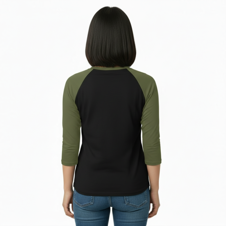 A woman wearing a breathable cotton raglan baseball shirt featuring a colorful geometric "VALE" logo and a central compass graphic. Available in Maroon, Grey, and Olive Green sleeves with a black or burgundy torso.