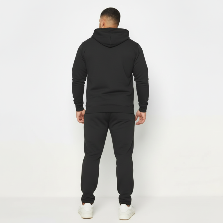 Men's premium breathable cotton tracksuit featuring a full-zip hoodie and matching joggers with minimalist branding, available in Black, Green, and Blue.