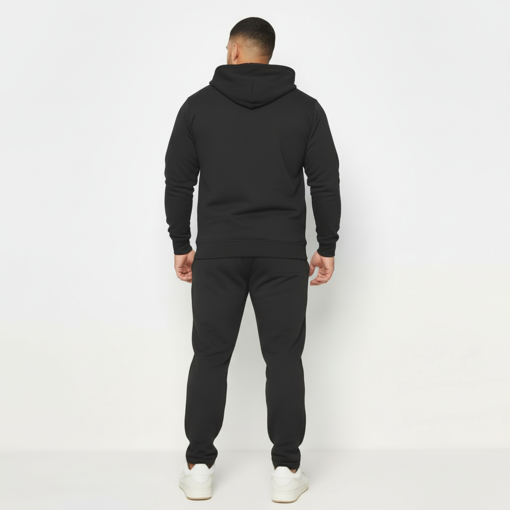 Men's premium breathable cotton tracksuit featuring a full-zip hoodie and matching joggers with minimalist branding, available in Black, Green, and Blue.