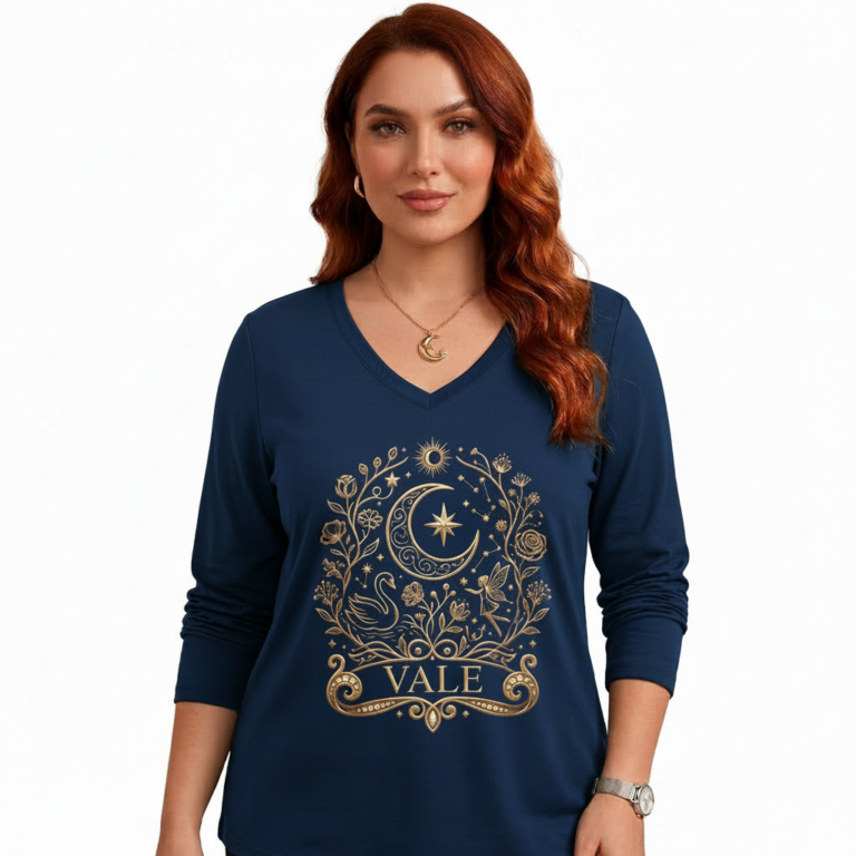 A woman wearing a long-sleeve cotton V-neck shirt with a gold celestial "VALE" moon and swan graphic design.