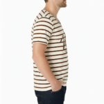 Men's striped breathable cotton t-shirt featuring "Vale" graphic logo and laurel design, available in navy, brown, and red stripes.