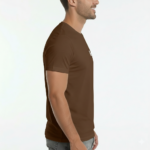 Front view of a man wearing a breathable cotton slim-fit t-shirt with a small white minimalist V-logo on the chest, available in navy, brown, and olive.