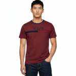 Close-up of a man wearing a VALE branded 100% cotton breathable slim-fit t-shirt with a horizontal chest stripe, available in grey, white, and maroon.