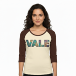 Women's VALE patchwork raglan shirt made of breathable cotton, 3/4 sleeves, featuring colorful textured letter patches on a baseball-style tee.