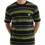 Close-up of a men's slim-fit 100% cotton striped t-shirt with variegated horizontal lines and a small chest logo.