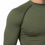 Front view of a man wearing a VALE brand 2-piece compression suit featuring a gold Tree of Life mandala graphic on the long-sleeve top and matching leggings, shown in brown, olive green, and grey colors.