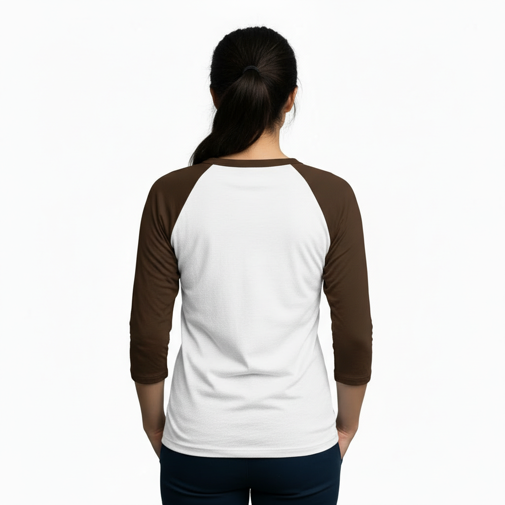 Person wearing a 3/4 sleeve raglan cotton shirt featuring a vertical VALE galaxy-textured graphic print.