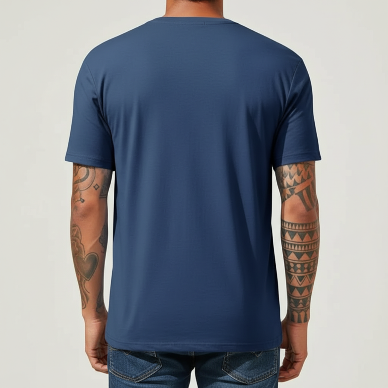 Man wearing a slim-fit breathable cotton t-shirt featuring a geometric "LOVE" compass graphic design on the chest with a horizontal stripe and pocket.