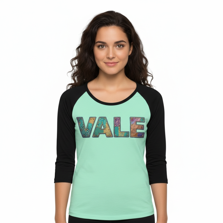 Women's VALE patchwork raglan shirt made of breathable cotton, 3/4 sleeves, featuring colorful textured letter patches on a baseball-style tee.