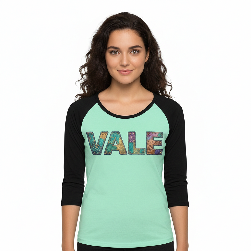 Women's VALE patchwork raglan shirt made of breathable cotton, 3/4 sleeves, featuring colorful textured letter patches on a baseball-style tee.