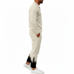 A collection of men's VALE 2-piece tracksuits made of breathable cotton textured jacquard, featuring a quarter-zip polo and joggers with a black pine forest gradient design, shown in Beige, Grey, Red, Navy, Maroon, and Orange.