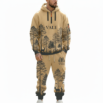 Men's designer wilderness-themed tracksuit set featuring a quarter-zip hoodie and cargo joggers with forest and deer landscape prints on breathable cotton.