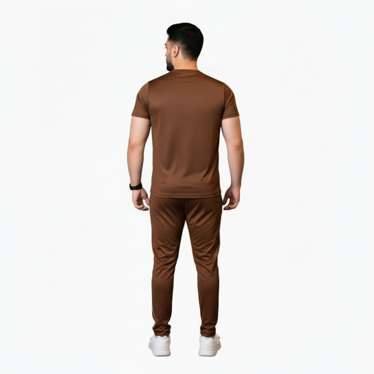 Full-body view of a man wearing the VALE brand breathable cotton activewear set, featuring a vertical logo t-shirt and matching side-striped joggers on a white background.