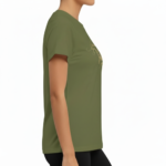 Women wearing Vale signature script t-shirt in breathable cotton, available in olive, blue, and purple colors.