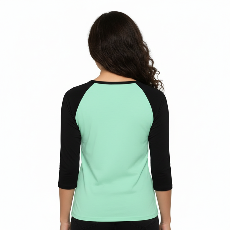 Women's VALE patchwork raglan shirt made of breathable cotton, 3/4 sleeves, featuring colorful textured letter patches on a baseball-style tee.