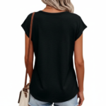 Woman wearing a VALE branded breathable cotton V-neck t-shirt in [Insert Color: Blue/Black/Orange], paired with denim jeans, showcasing a casual summer outfit.