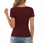 Slim-fit women's ribbed cotton t-shirt featuring a silver "Vale" butterfly graphic, available in burgundy, black, and orange.