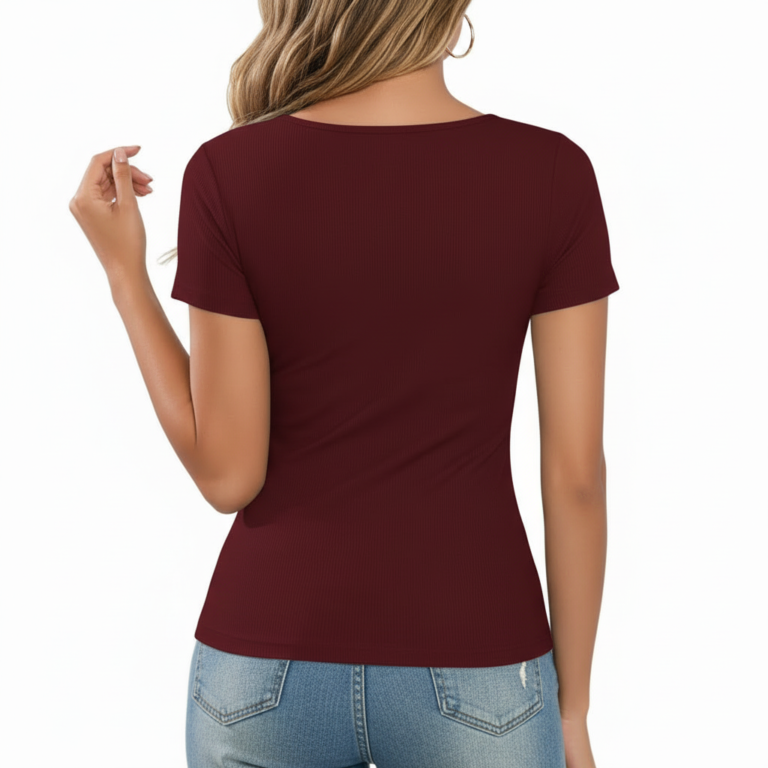 Slim-fit women's ribbed cotton t-shirt featuring a silver "Vale" butterfly graphic, available in burgundy, black, and orange.