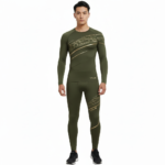 Front view of a man wearing a VALE brand 2-piece compression suit with a gold supercar graphic on the long-sleeve shirt and leggings, available in olive green, navy blue, and maroon.