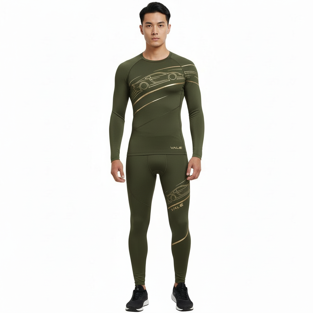 Front view of a man wearing a VALE brand 2-piece compression suit with a gold supercar graphic on the long-sleeve shirt and leggings, available in olive green, navy blue, and maroon.