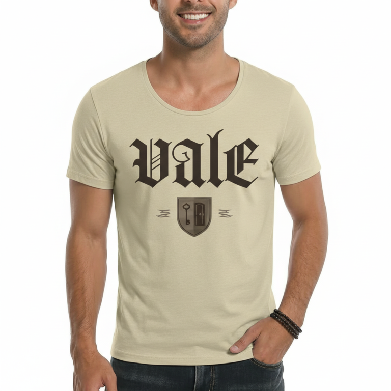 Men's Vale Gothic graphic t-shirt in breathable cotton, featuring a shield and key emblem, available in Olive, Orange, and Beige.