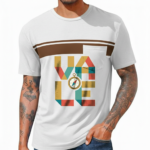 Man wearing a slim-fit breathable cotton t-shirt featuring a geometric "LOVE" compass graphic design on the chest with a horizontal stripe and pocket.