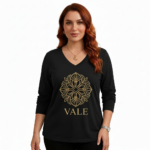 Women's VALE long sleeve V-neck cotton shirt with gold mandala floral print in green, brown, and black colors.