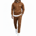 Men's designer breathable cotton tracksuit set featuring a full-zip hooded sweatshirt and matching joggers with an all-over geometric pattern and "VALE" branding.