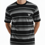 Close-up of a men's slim-fit 100% cotton striped t-shirt with variegated horizontal lines and a small chest logo.