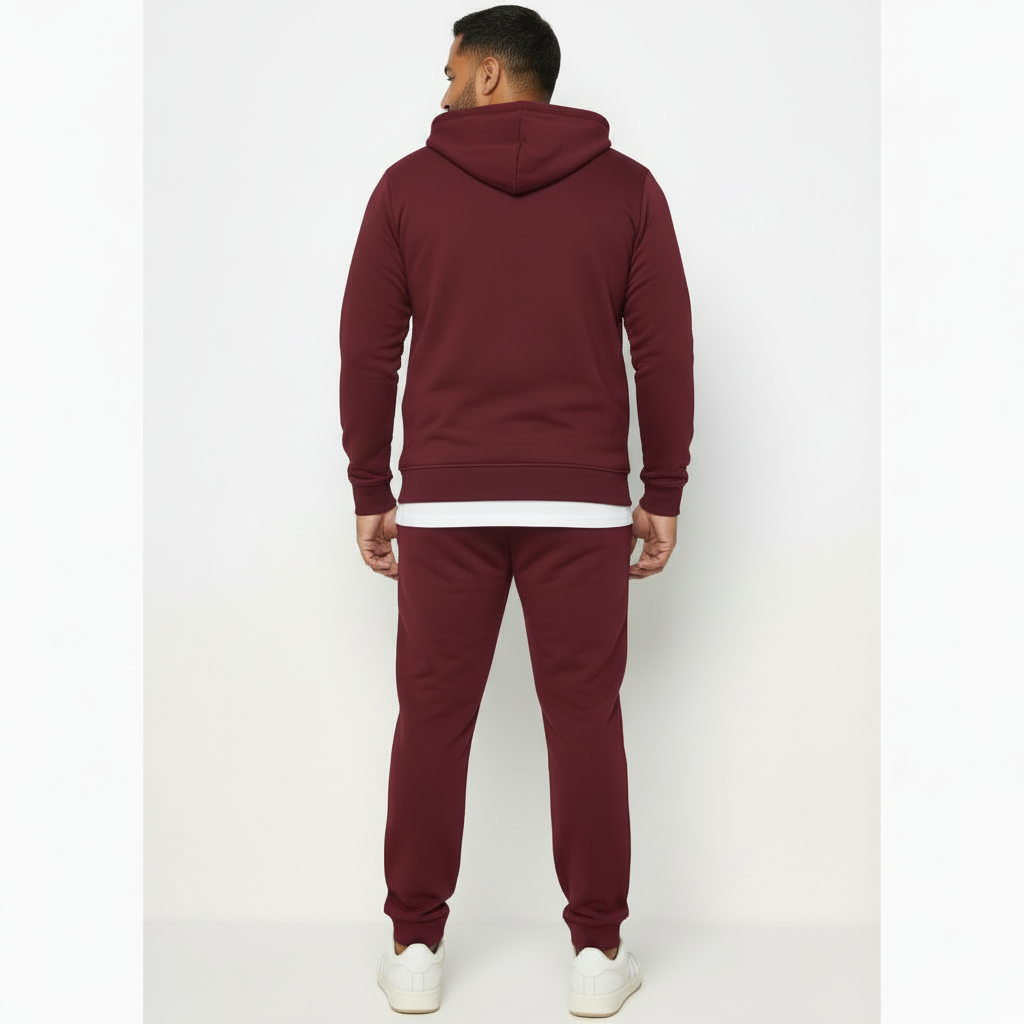 Men's designer breathable cotton tracksuit set featuring a full-zip hoodie and joggers with a silver branching line-art print and VALE cursive branding. Caption: Elevate your casual style with our artistic branch-print tracksuit—crafted from breathable cotton for ultimate all-day comfort.