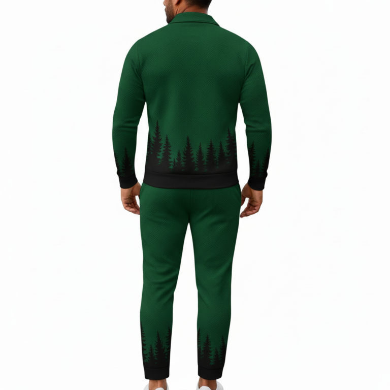 Men's 2-piece breathable textured cotton tracksuit with a quarter-zip polo and joggers featuring a black pine forest gradient design and white VALE logo in Green, Pink, and Wine colors.