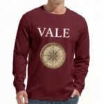 Men's long sleeve breathable cotton shirt in red, olive green, and maroon featuring a vintage VALE compass graphic design, athletic slim fit