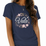 Women's breathable 100% cotton T-shirt featuring "Vale" floral wreath lace design in Navy, Pink, and Brown colors.