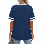 Women's oversized breathable cotton varsity t-shirt featuring a white VALE floral wreath graphic and striped sleeves, shown in Navy, Green, and Red.